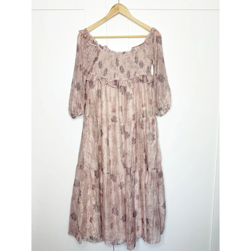 Storia Light Pink Floral Off Shoulder Long Sleeve Tiered Maxi Dress Medium girly - Picture 8 of 14